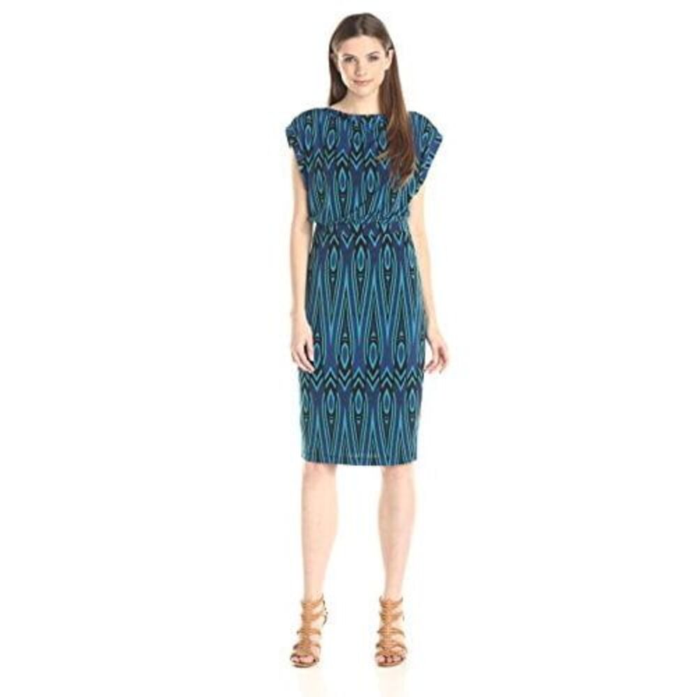 Sangria Womens Geo Print Dolman Blouson Midi Length Sheath